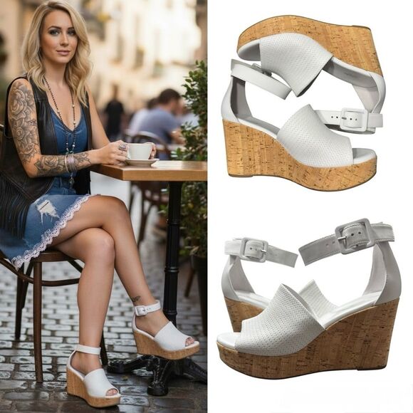 Shoes - Nero Giardini Loira Bianco Textured Leather Platform Cork Ankle Strap Wedges